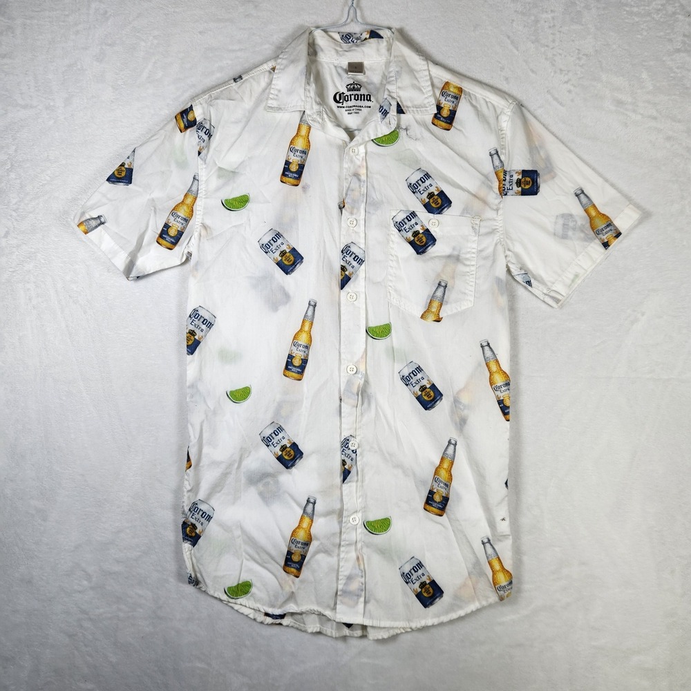 Corona Extra Beer Button Up Shirt Short Sleeve White Graphic Mens‎